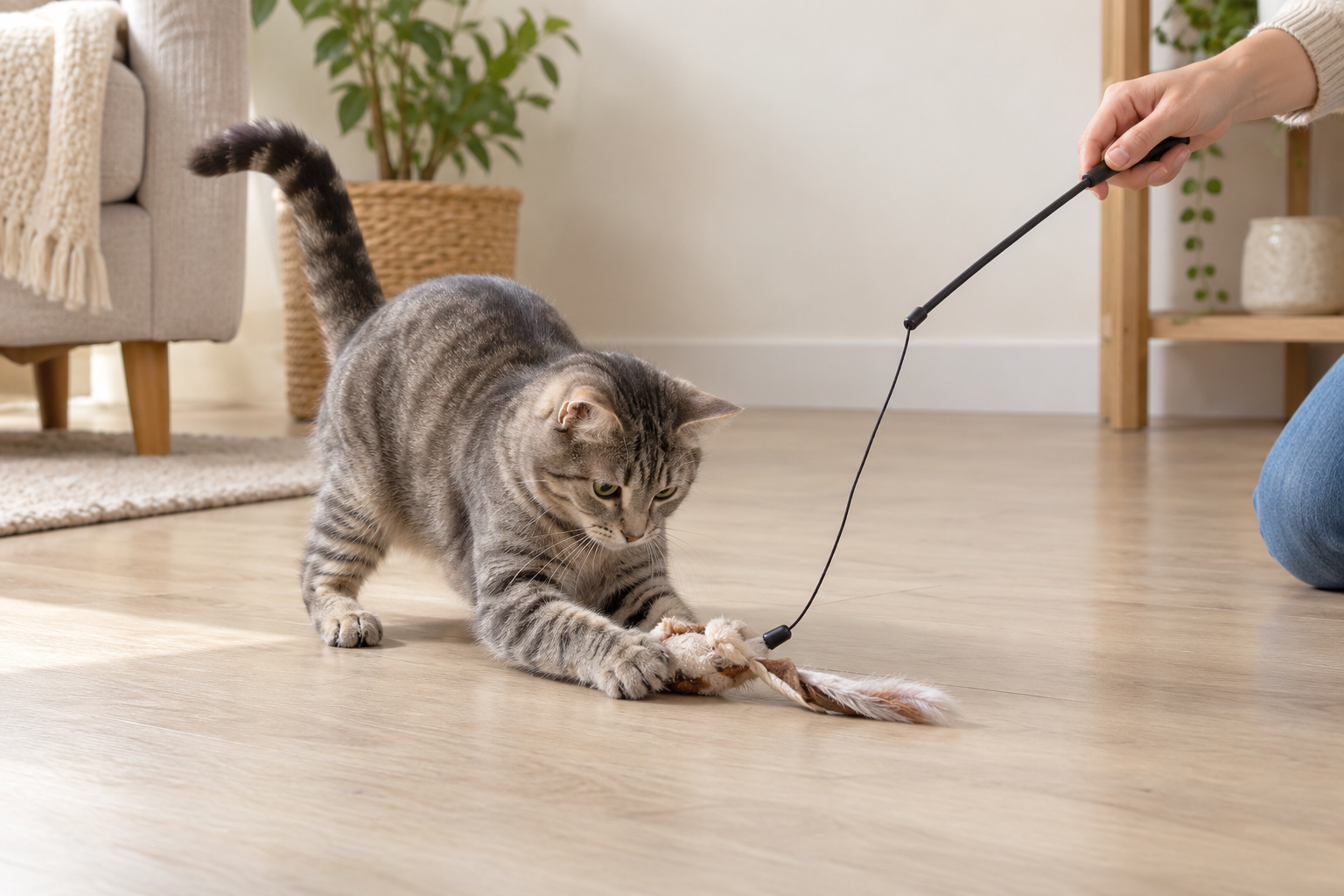 Kedi, yetişkinin tuttuğu oltalı oyuncağın ucunu patileriyle yakalıyor.