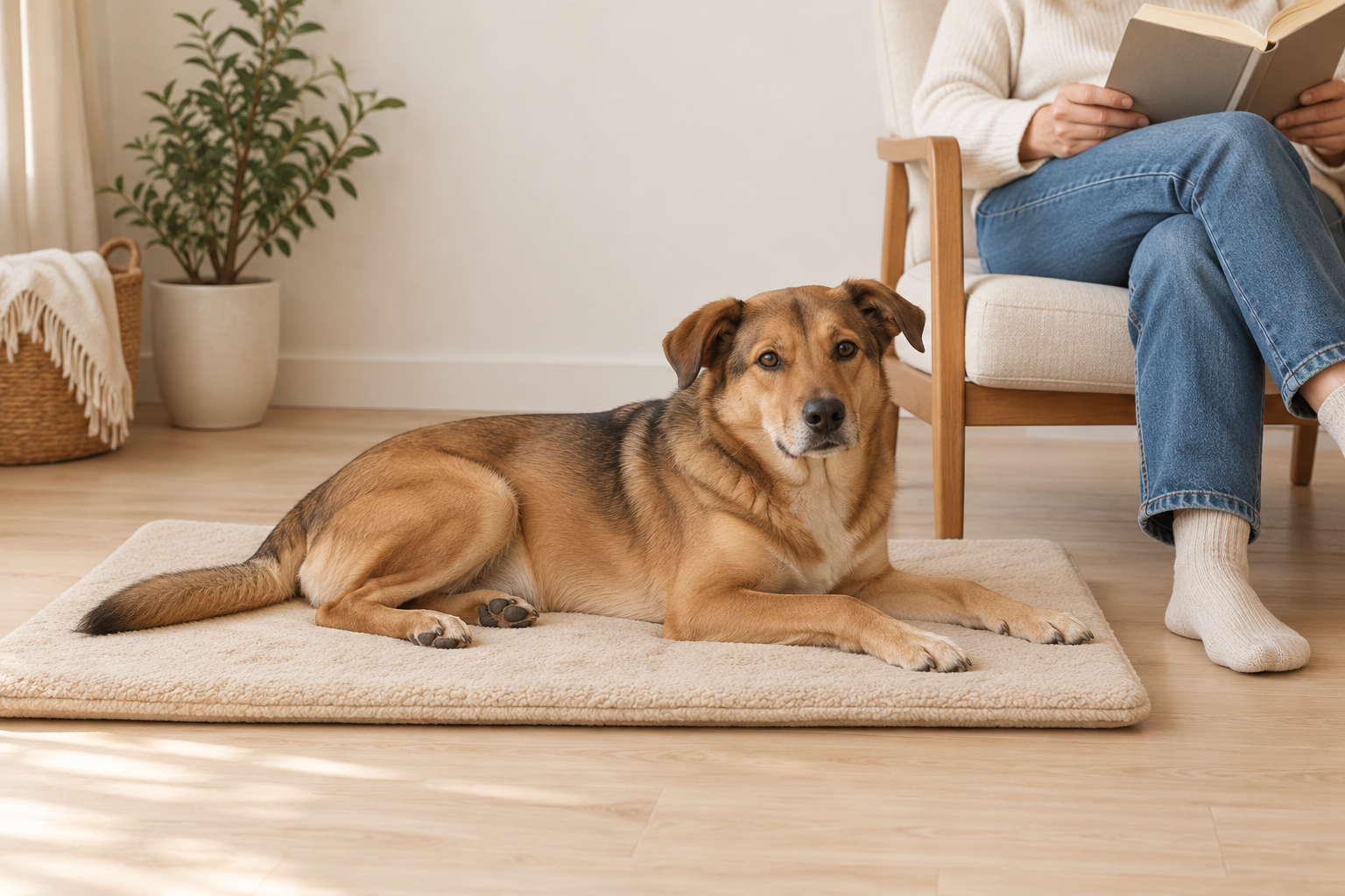 Köpek, kitap okuyan bir yetişkinin yakınında kendi minderinde dinleniyor.