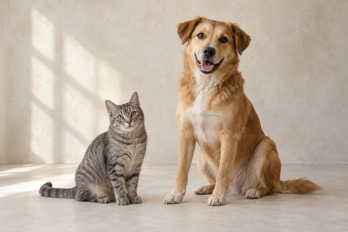 Aydınlık bir odada yan yana duran kedi ve köpek